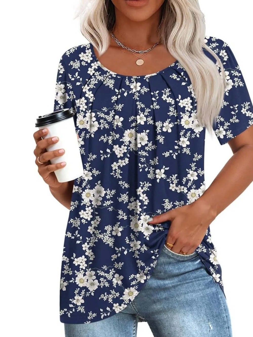 Floral‎ Navy Short-Sleeve Women’s Pleated Tunic Baby Doll Top New sz Small